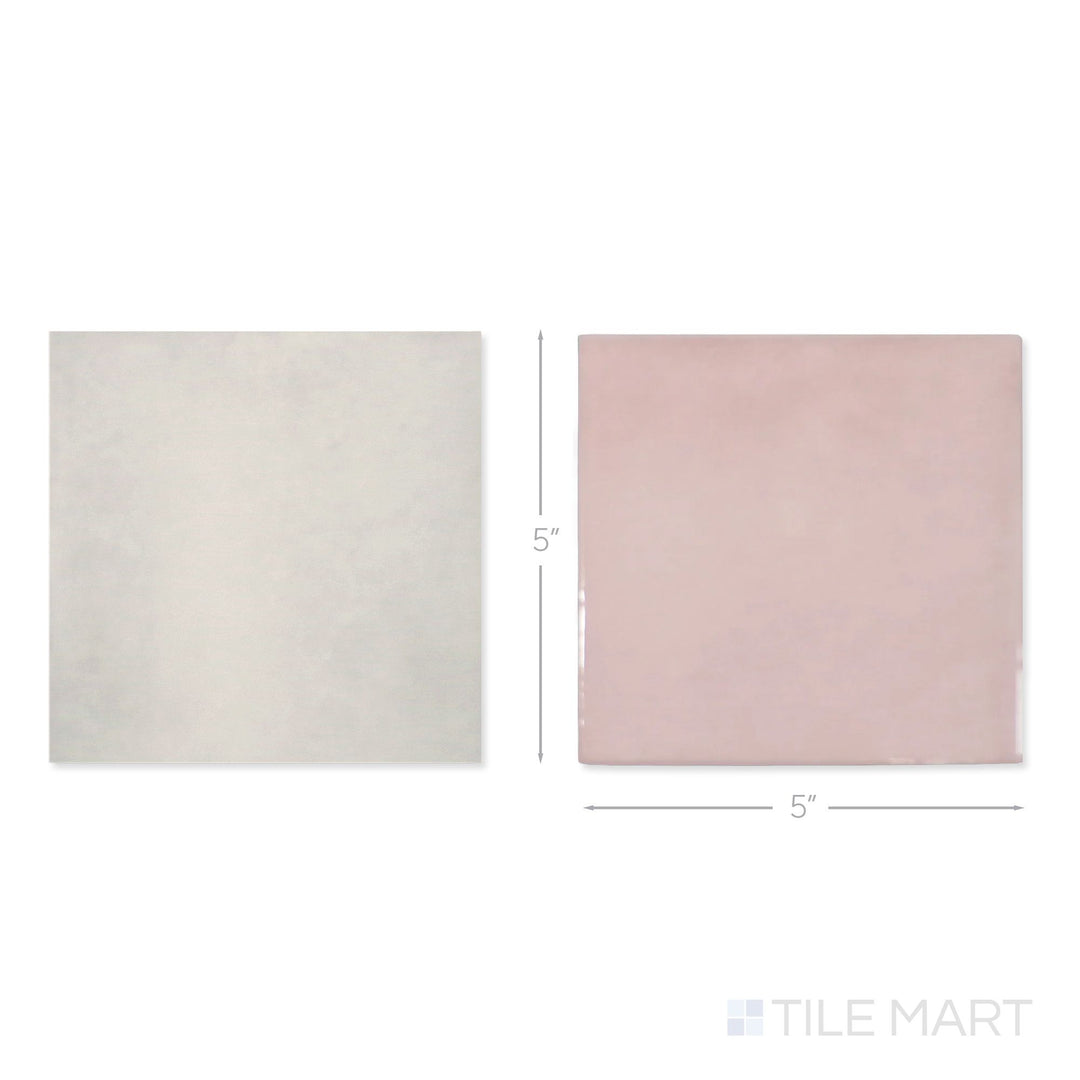 Top-down view of a single Village 5x5 silver mist and rose gold checkerboard glossy ceramic tile showing its light-reflective surface and two-tone finish detail