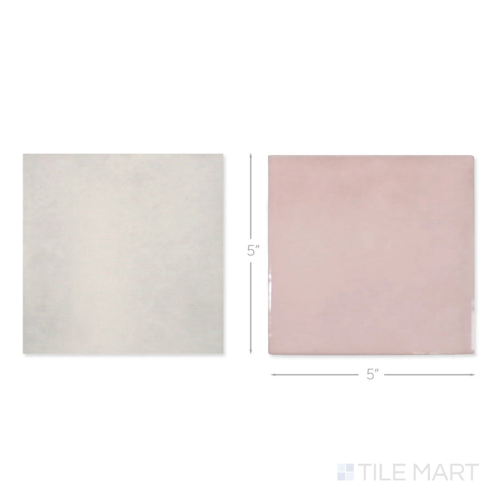 Top-down view of a single Village 5x5 silver mist and rose gold checkerboard glossy ceramic tile showing its light-reflective surface and two-tone finish detail