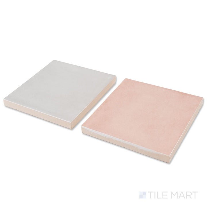 Corner shot of Village 5x5 silver mist and rose gold checkerboard glossy ceramic tile revealing its edge profile and glossy silver mist and rose gold surface