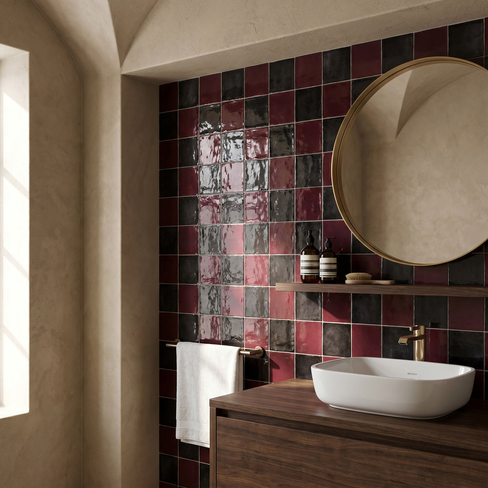 Village 5x5 glossy ceramic checkerboard tile in aubergine and black emphasizing a deep, dramatic color pairing with bold jewel-toned intensity