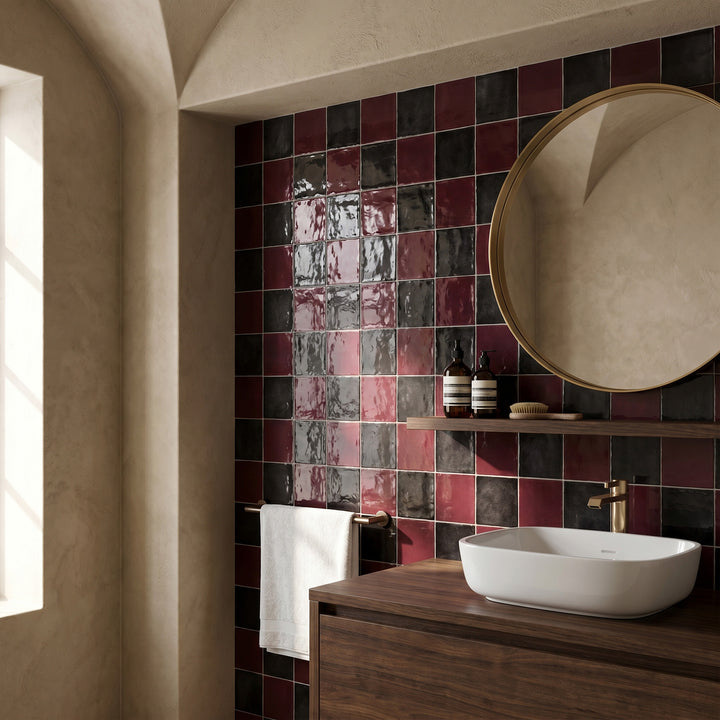 Village 5x5 glossy ceramic checkerboard tile in aubergine and black emphasizing a deep, dramatic color pairing with bold jewel-toned intensity