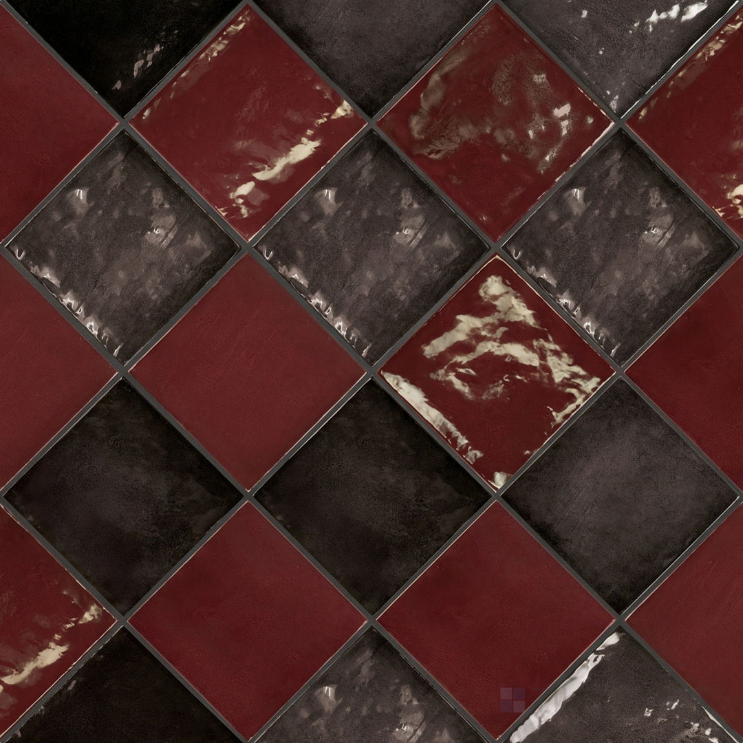 Overview of Village 5x5 aubergine and black checkerboard glossy ceramic tile from an alternate angle highlighting its vibrant two-tone contrast and glossy finish