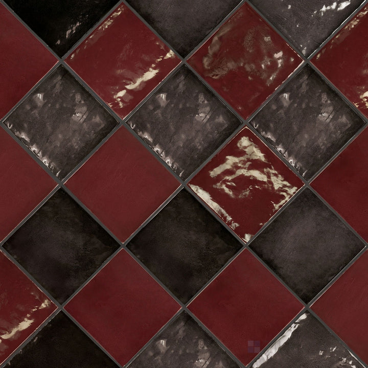 Overview of Village 5x5 aubergine and black checkerboard glossy ceramic tile from an alternate angle highlighting its vibrant two-tone contrast and glossy finish