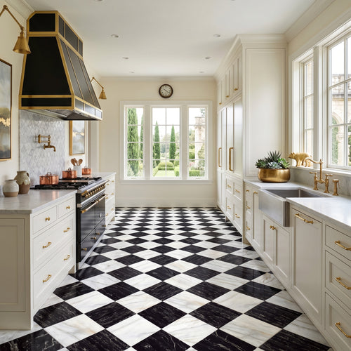 Palazzo 12x12 Checkerboard Natural Porcelain Tile in Calacatta and Nero