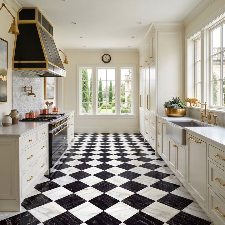 Palazzo 12x12 Checkerboard Natural Porcelain Tile in Calacatta and Nero