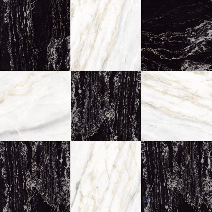 Palazzo 12x12 Checkerboard Natural Porcelain Tile in Calacatta and Nero