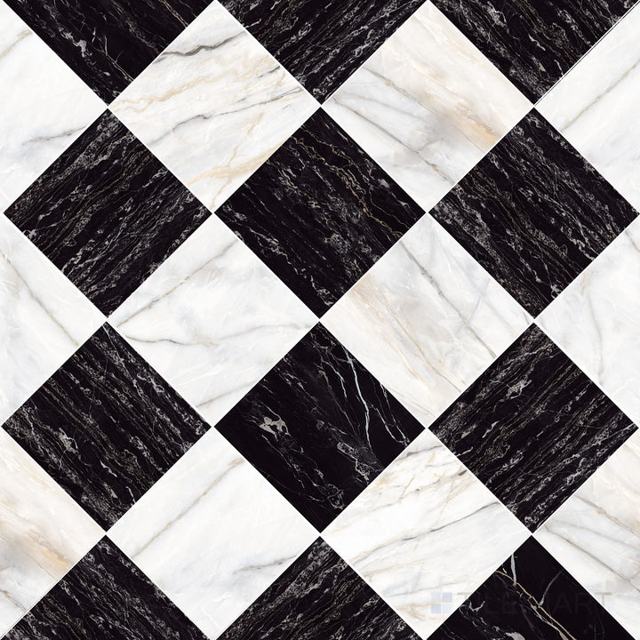 Palazzo 12x12 Checkerboard Natural Porcelain Tile in Calacatta and Nero