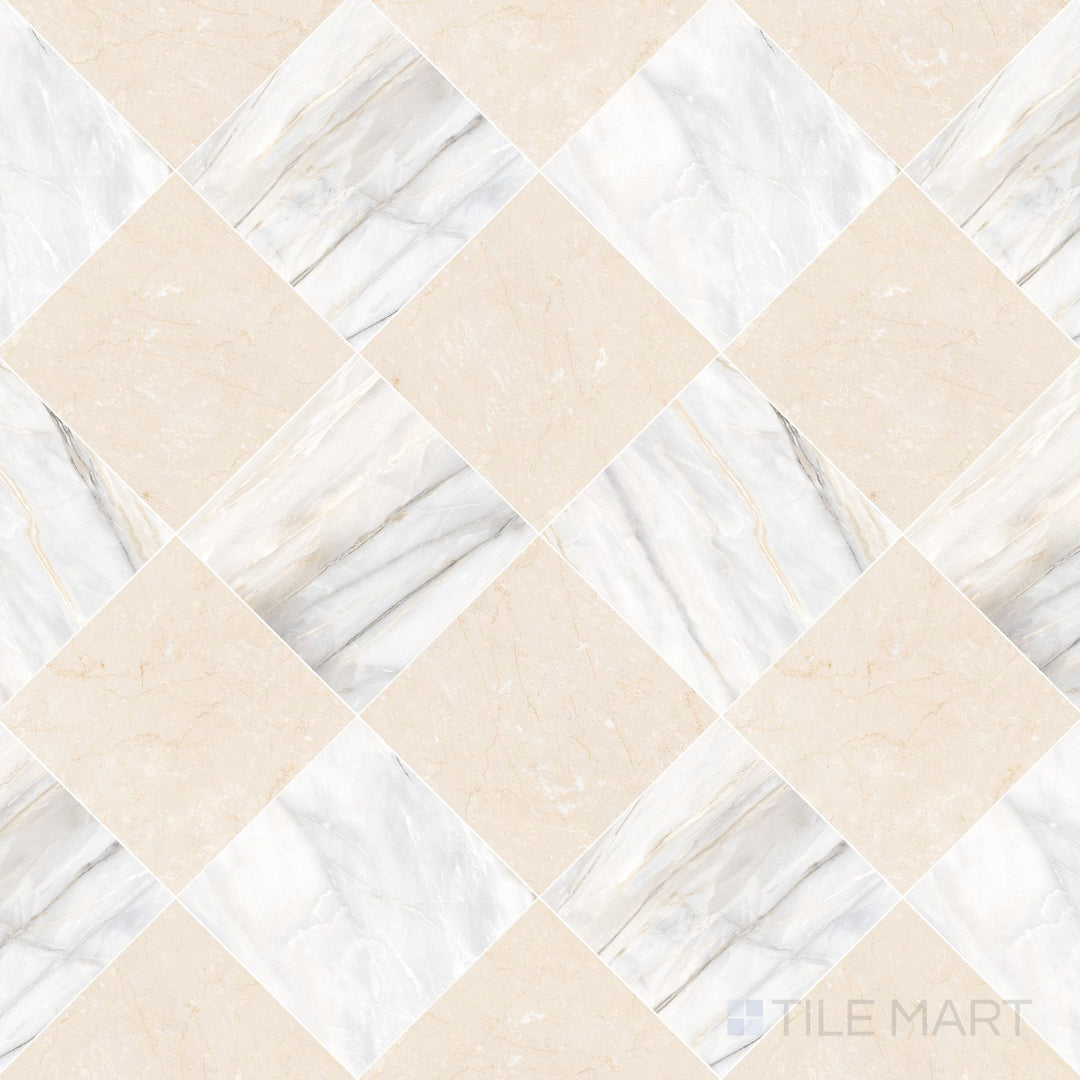 Palazzo 12x12 Checkerboard Natural Porcelain Tile in Calacatta and Crema