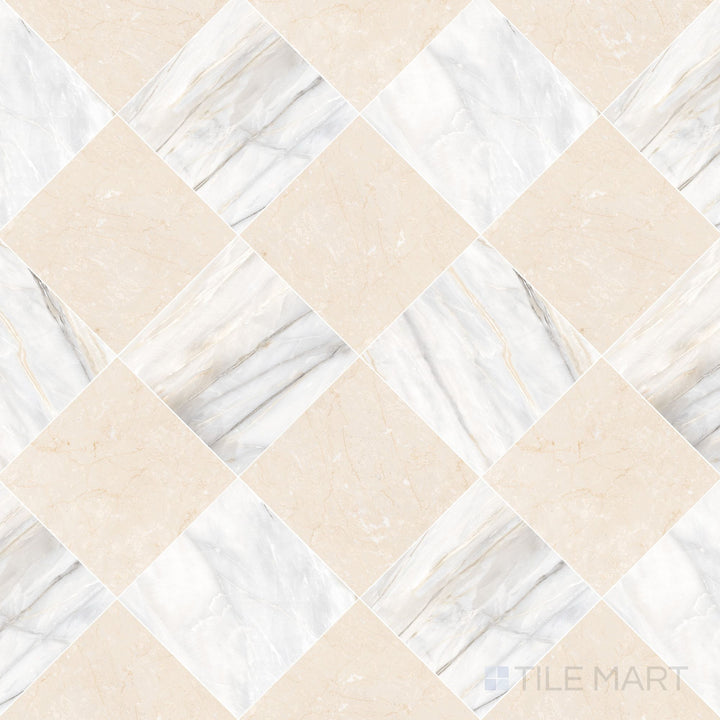 Palazzo 12x12 Checkerboard Natural Porcelain Tile in Calacatta and Crema