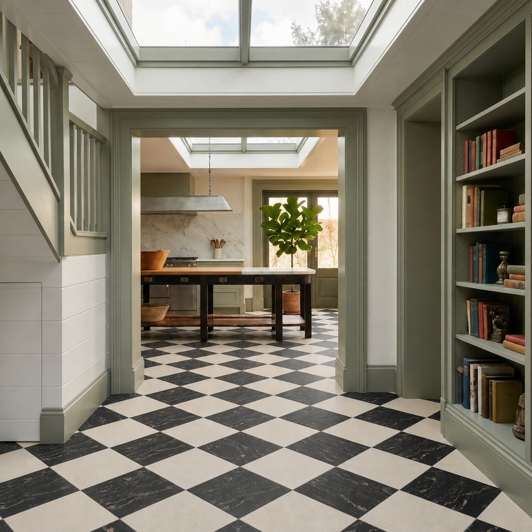 Palazzo 12x12 Checkerboard Natural Porcelain Tile in Crema and Nero