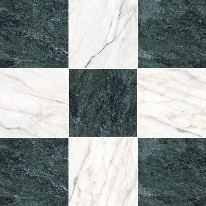 Palazzo 12x12 Checkerboard Natural Porcelain Tile in Verde and Calacatta