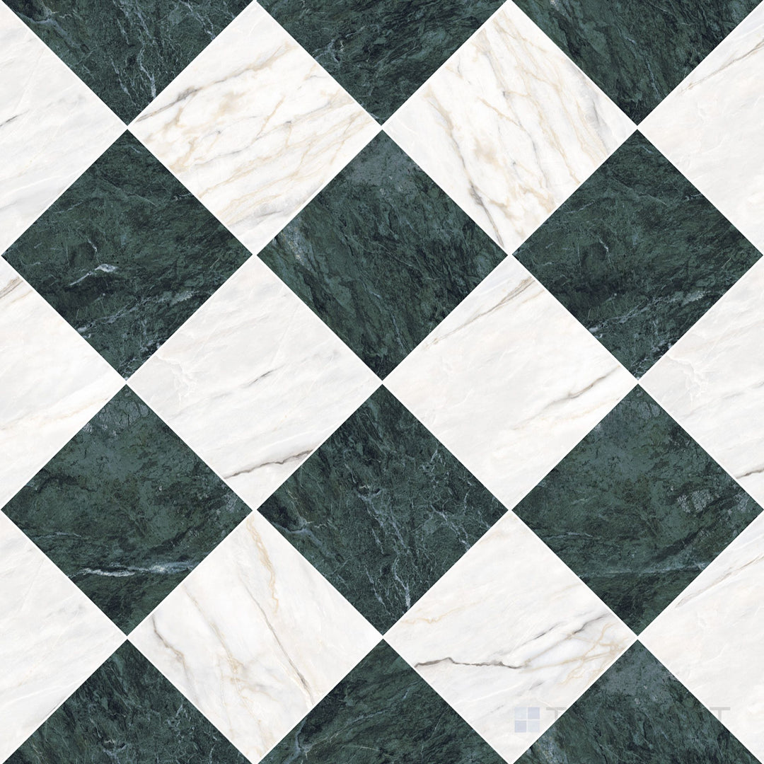 Palazzo 12x12 Checkerboard Natural Porcelain Tile in Verde and Calacatta