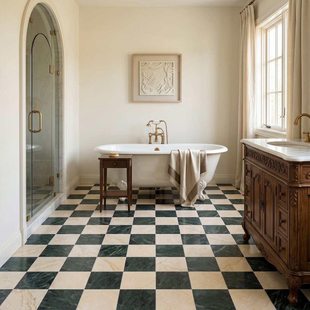 Palazzo 12x12 Checkerboard Natural Porcelain Tile in Verde and Crema