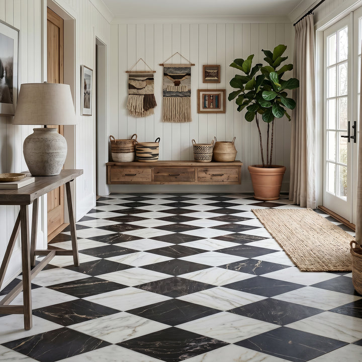 Palazzo 24x24 Checkerboard Natural Porcelain Tile in Calacatta and Nero