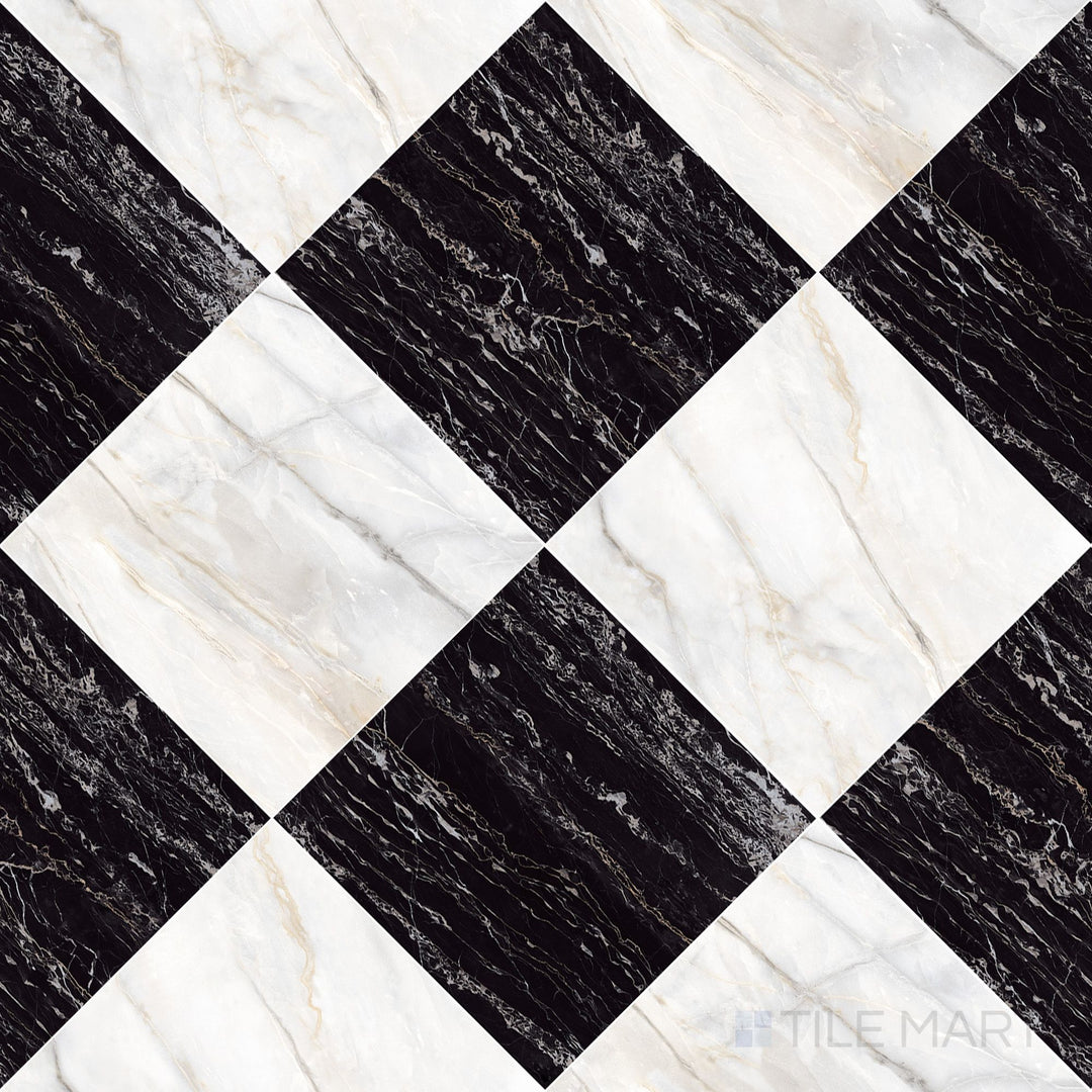 Palazzo 24x24 Checkerboard Natural Porcelain Tile in Calacatta and Nero