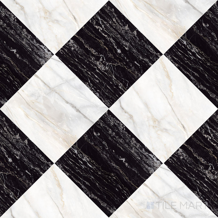 Palazzo 24x24 Checkerboard Natural Porcelain Tile in Calacatta and Nero