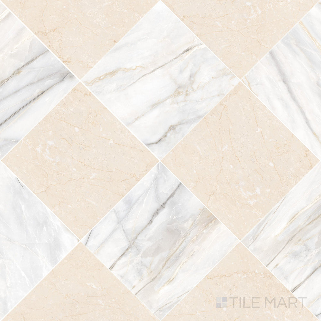 Palazzo 24x24 Checkerboard Natural Porcelain Tile in Calacatta and Crema