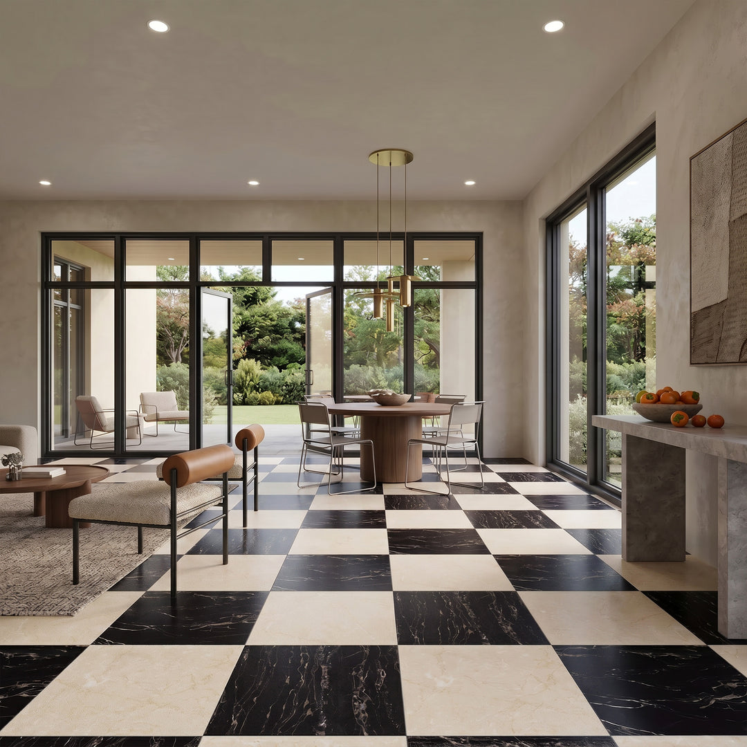 Palazzo 24x24 Checkerboard Natural Porcelain Tile in Crema and Nero
