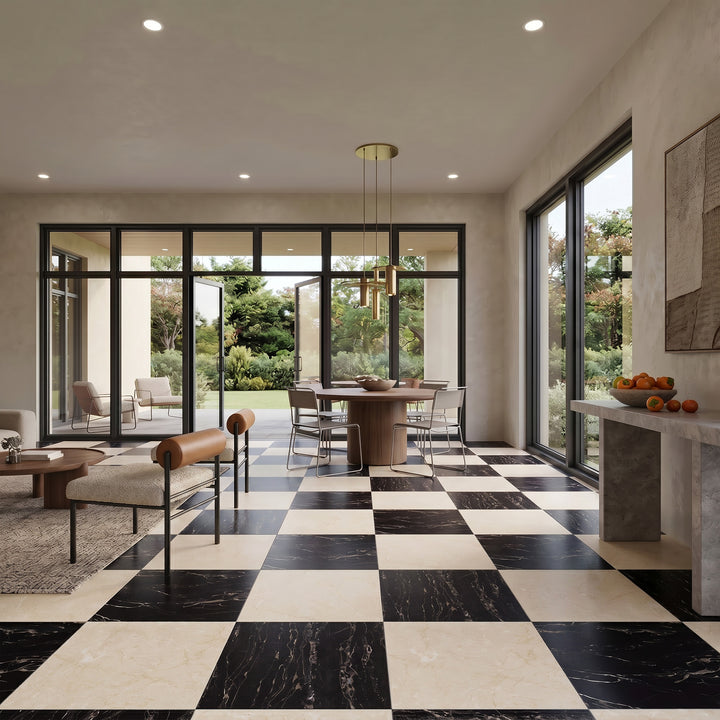Palazzo 24x24 Checkerboard Natural Porcelain Tile in Crema and Nero