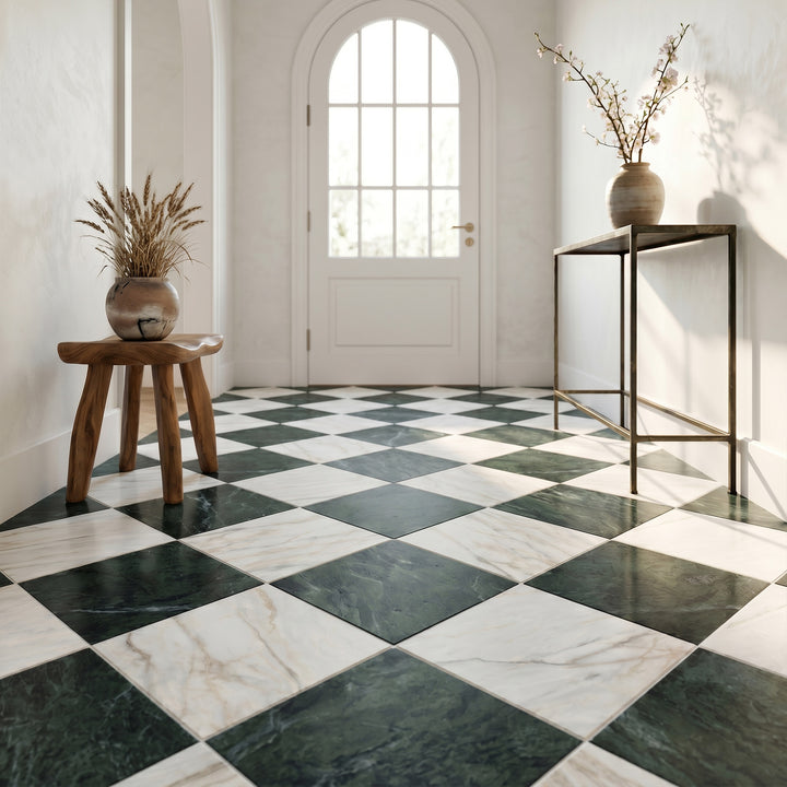Palazzo 24x24 Checkerboard Natural Porcelain Tile in Verde and Calacatta