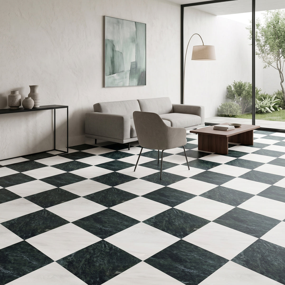 Palazzo 24x24 Checkerboard Natural Porcelain Tile in Luce and Verde