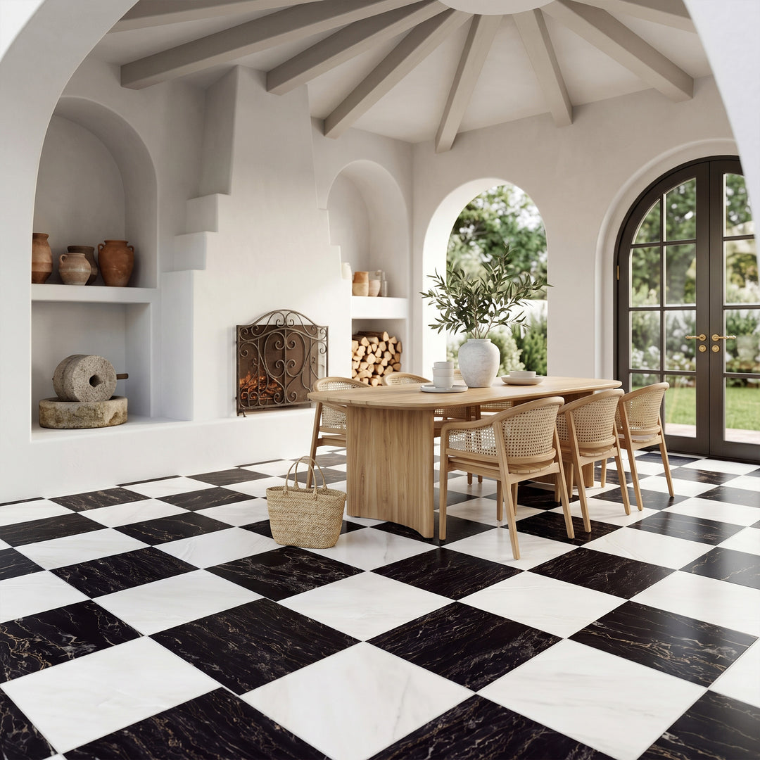 Palazzo 24x24 Checkerboard Natural Porcelain Tile in Luce and Nero