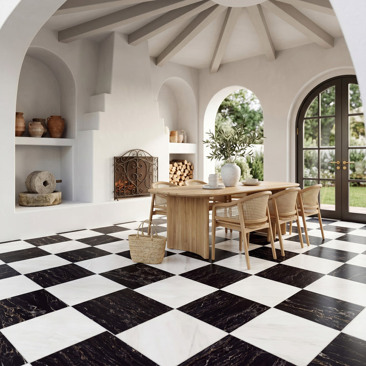 Palazzo 24x24 Checkerboard Natural Porcelain Tile in Luce and Nero