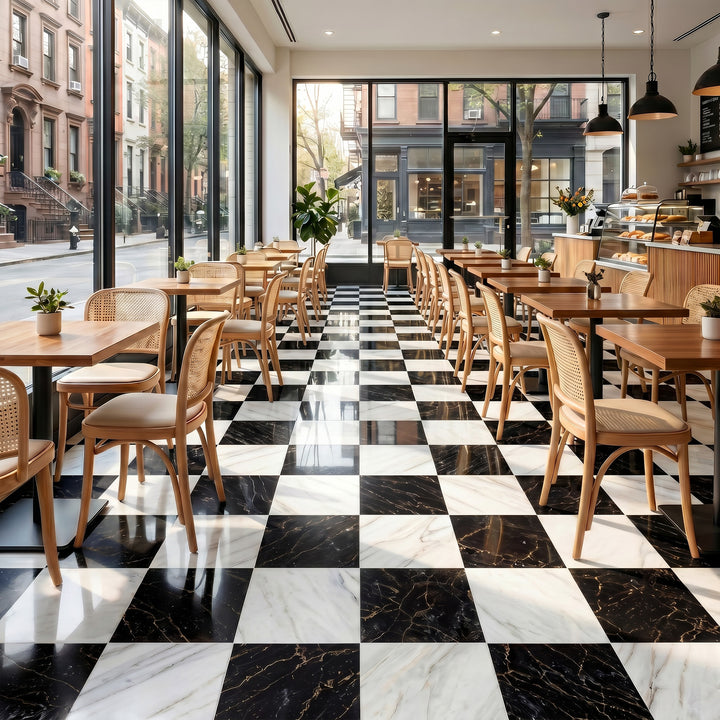 Palazzo 12x12 Checkerboard Polished Porcelain Tile in Calacatta and Nero