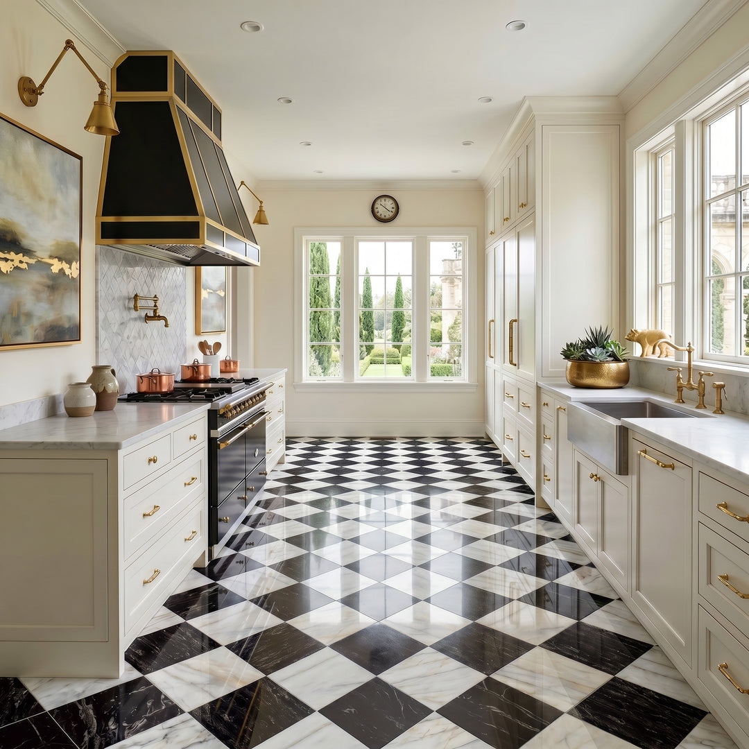 Palazzo 12x12 Checkerboard Polished Porcelain Tile in Calacatta and Nero