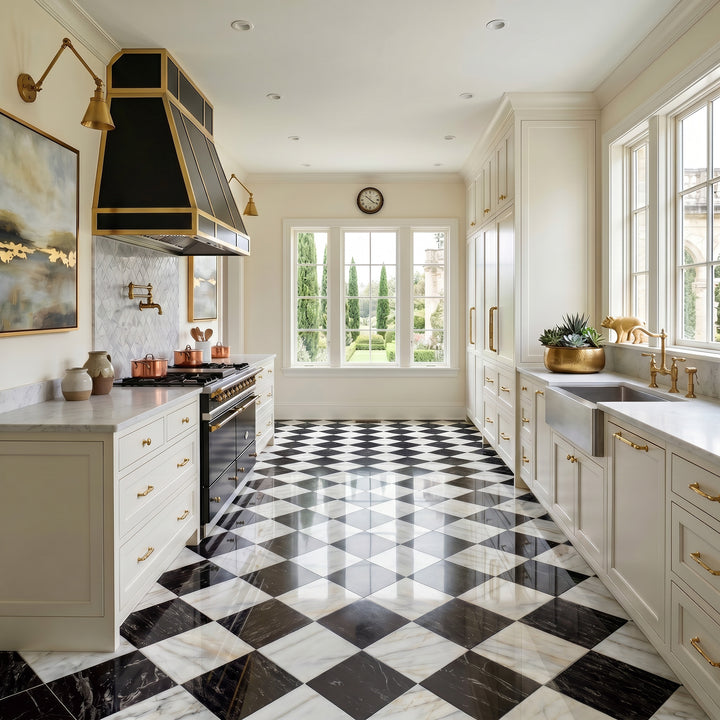 Palazzo 12x12 Checkerboard Polished Porcelain Tile in Calacatta and Nero