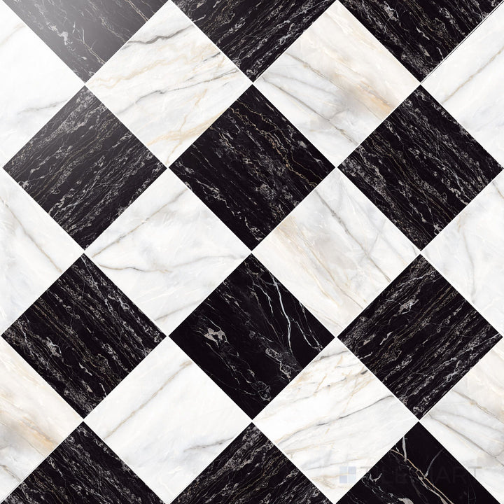 Palazzo 12x12 Checkerboard Polished Porcelain Tile in Calacatta and Nero