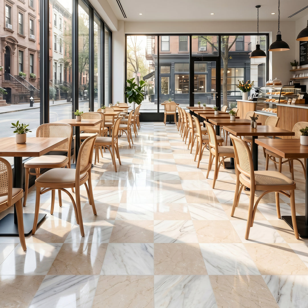 Palazzo 12x12 Checkerboard Polished Porcelain Tile in Calacatta and Crema