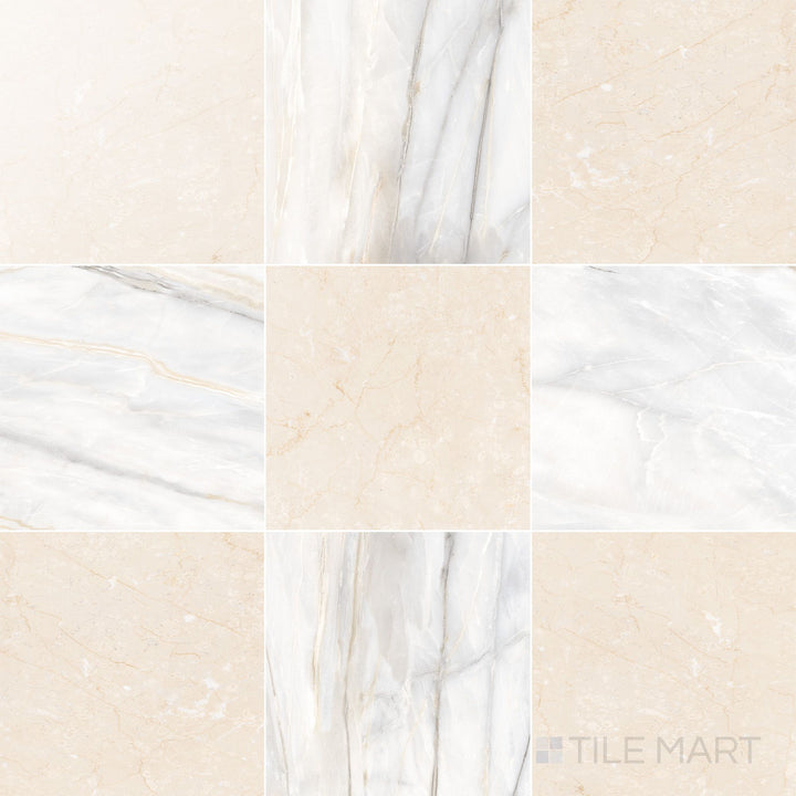 Palazzo 12x12 Checkerboard Polished Porcelain Tile in Calacatta and Crema