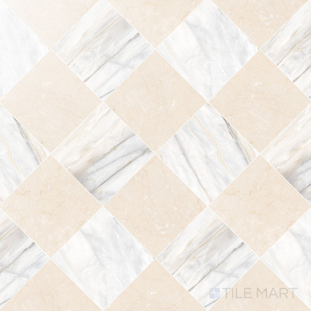 Palazzo 12x12 Checkerboard Polished Porcelain Tile in Calacatta and Crema
