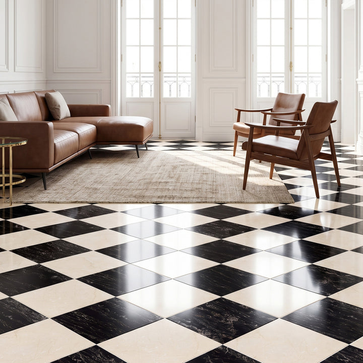 Palazzo 12x12 Checkerboard Polished Porcelain Tile in Crema and Nero