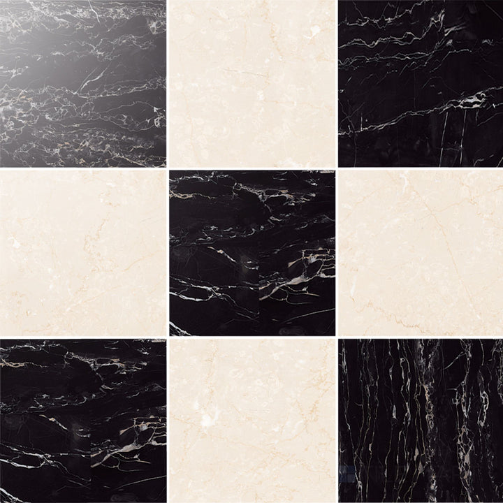 Palazzo 12x12 Checkerboard Polished Porcelain Tile in Crema and Nero
