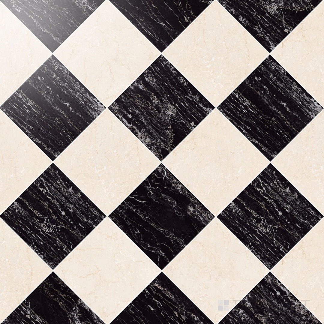 Palazzo 12x12 Checkerboard Polished Porcelain Tile in Crema and Nero
