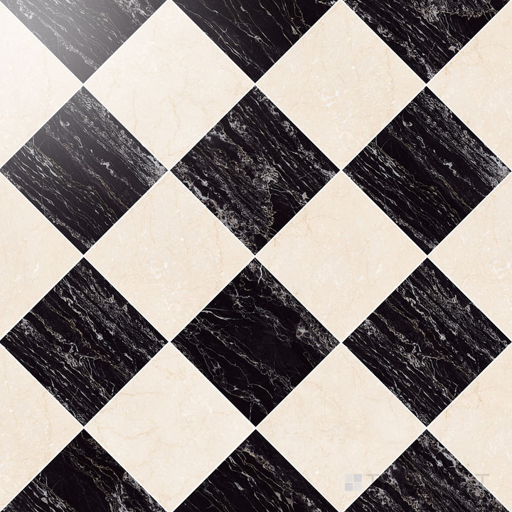 Palazzo 12x12 Checkerboard Polished Porcelain Tile in Crema and Nero