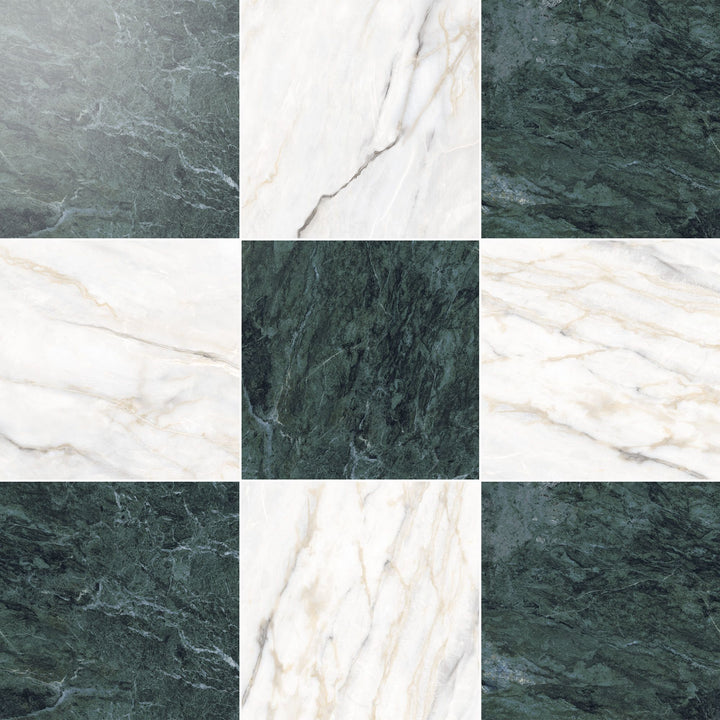 Palazzo 12x12 Checkerboard Polished Porcelain Tile in Verde and Calacatta