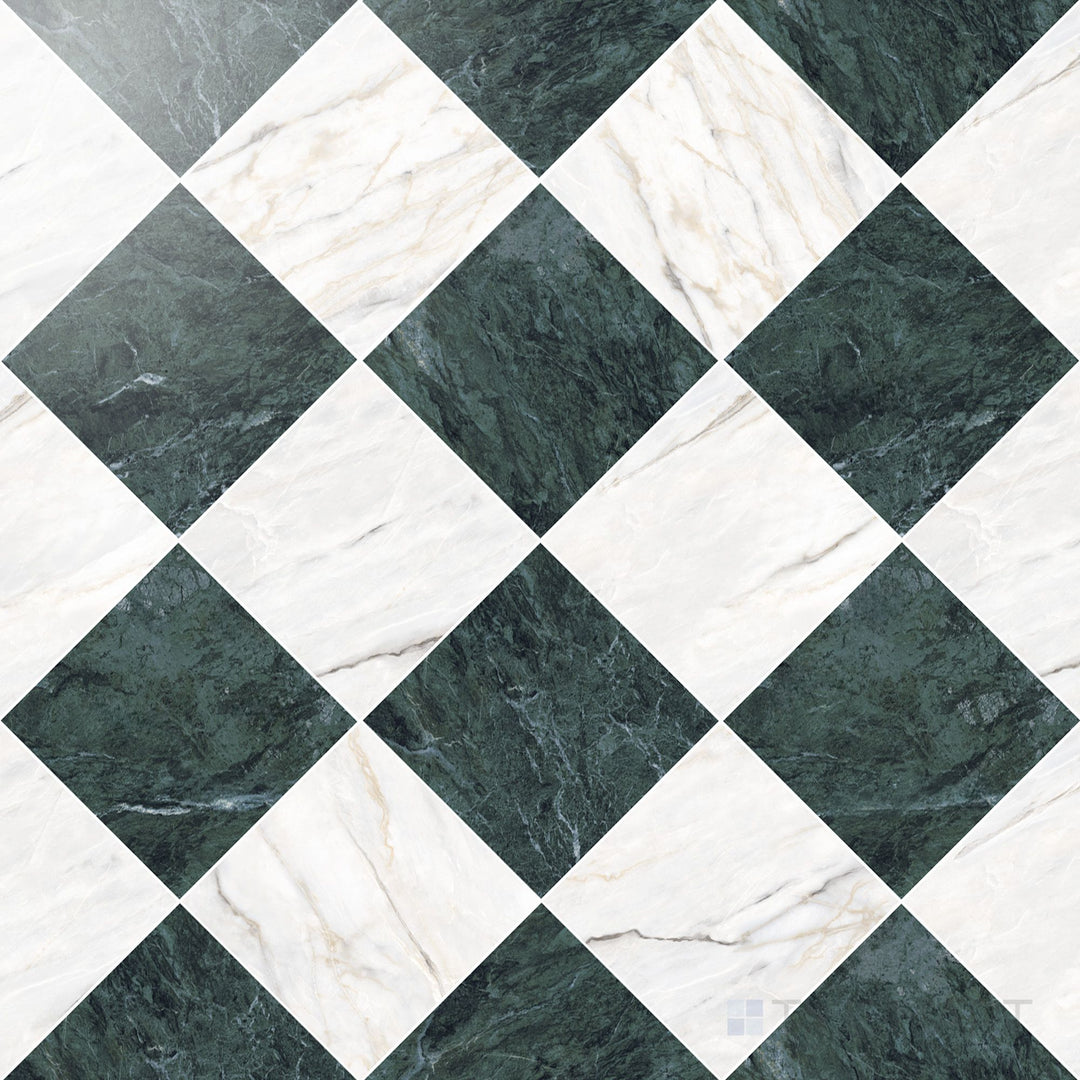 Palazzo 12x12 Checkerboard Polished Porcelain Tile in Verde and Calacatta
