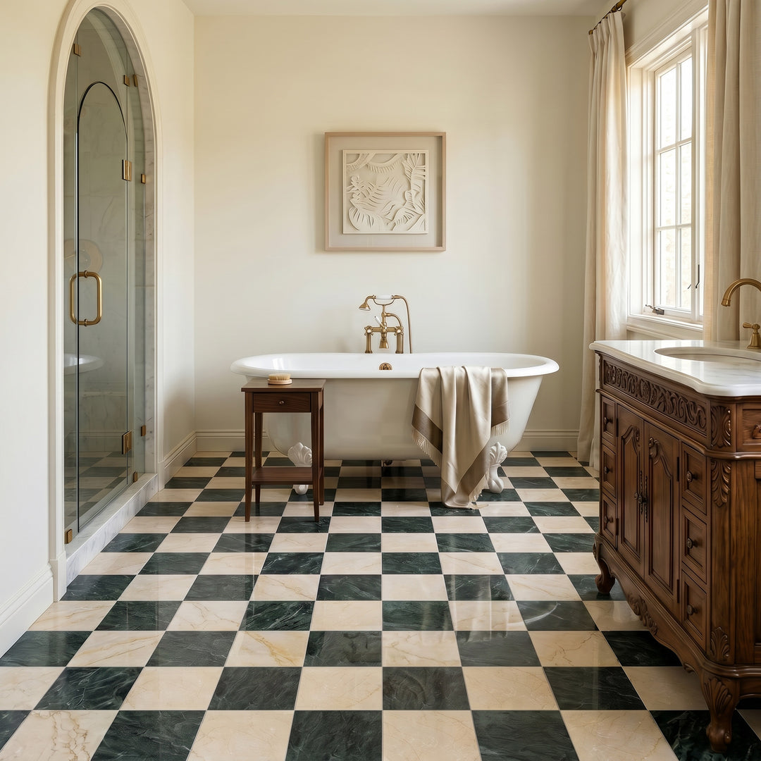 Palazzo 12x12 Checkerboard Polished Porcelain Tile in Verde and Crema