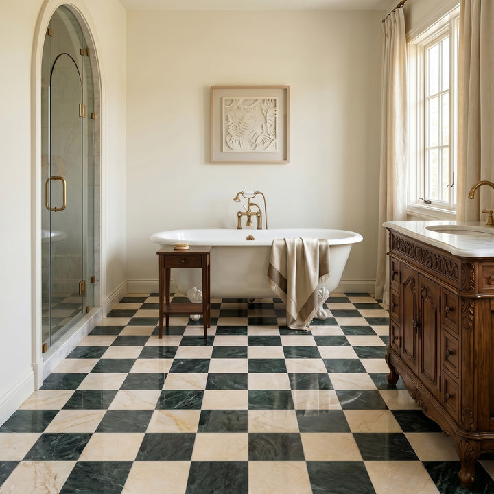 Palazzo 12x12 Checkerboard Polished Porcelain Tile in Verde and Crema
