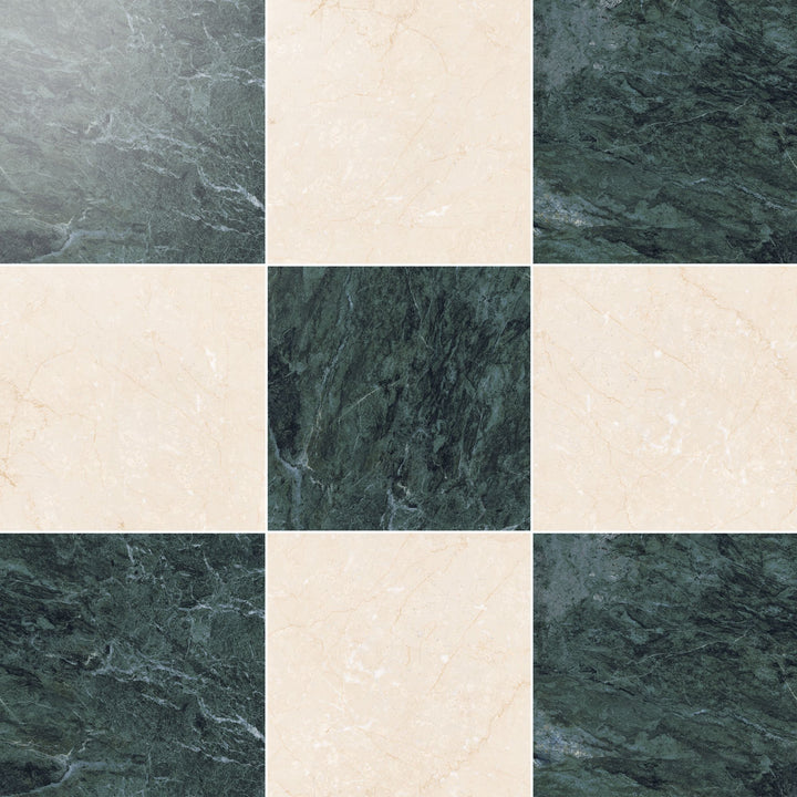 Palazzo 12x12 Checkerboard Polished Porcelain Tile in Verde and Crema
