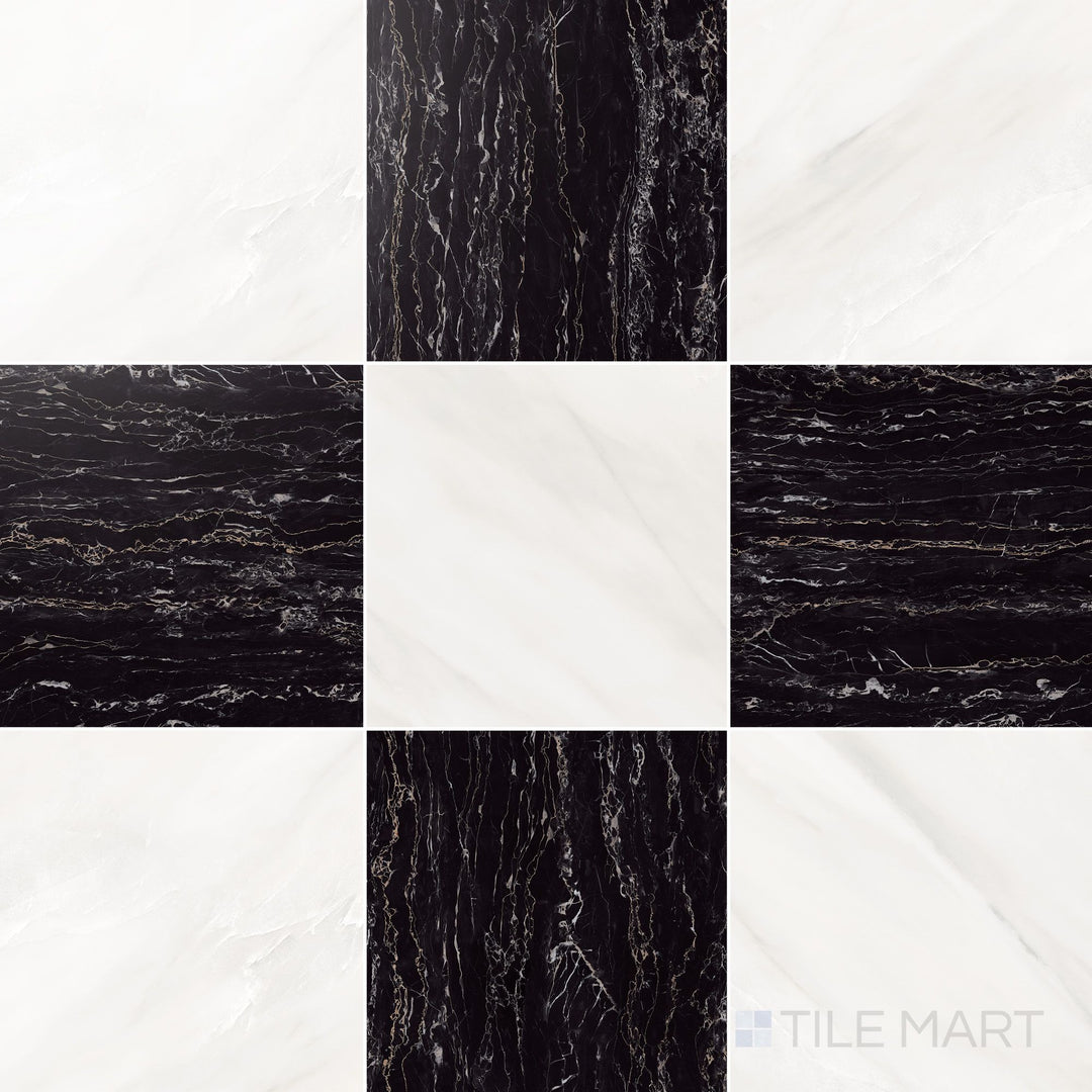 Palazzo 12x12 Checkerboard Polished Porcelain Tile in Luce and Nero