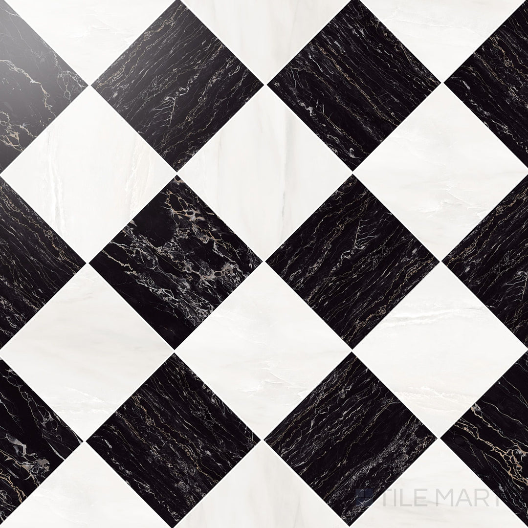 Palazzo 12x12 Checkerboard Polished Porcelain Tile in Luce and Nero
