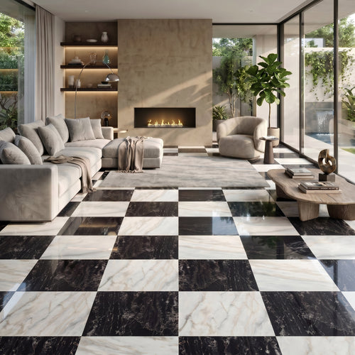 Palazzo 24x24 Checkerboard Polished Porcelain Tile in Calcatta and Nero