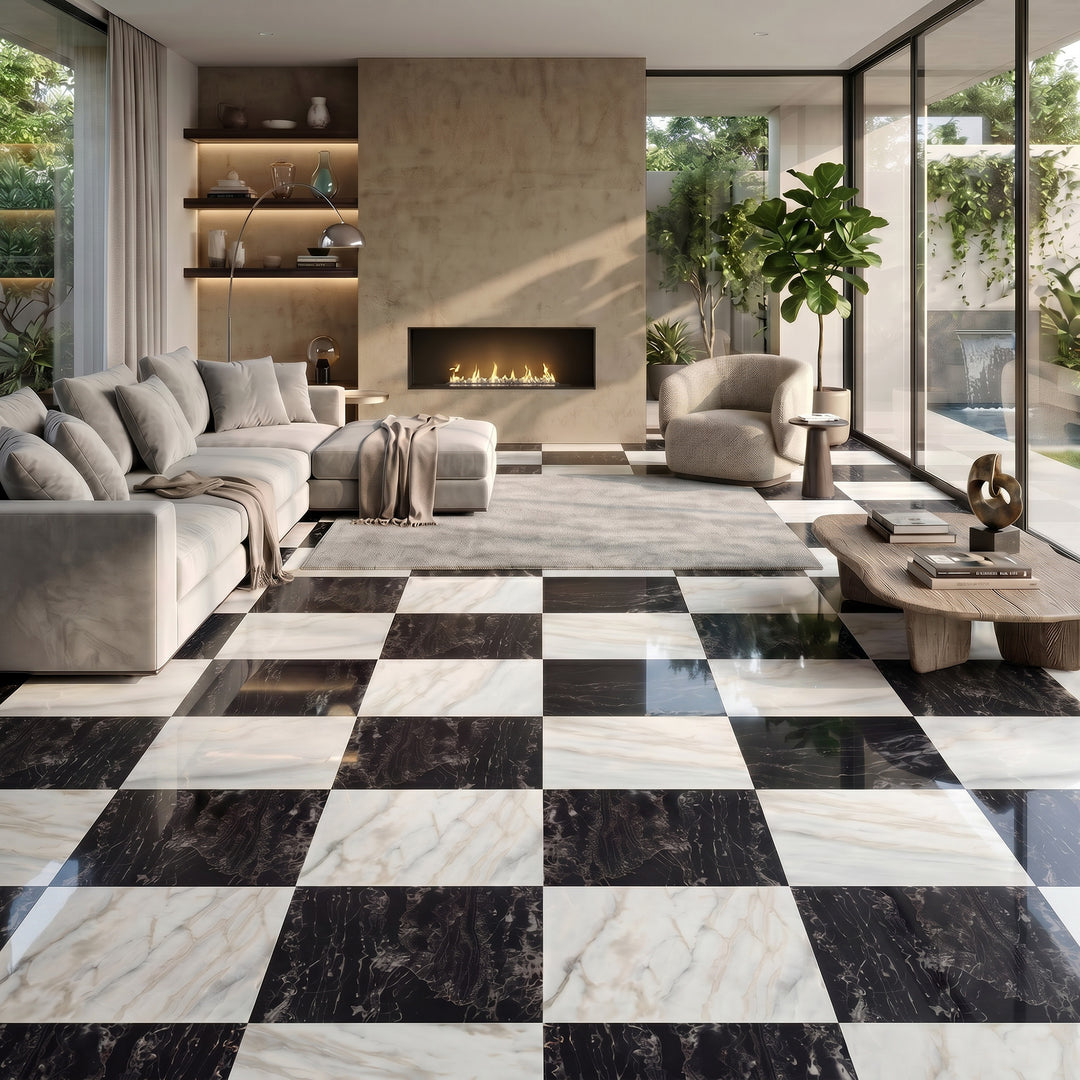 Palazzo 24x24 Checkerboard Polished Porcelain Tile in Calcatta and Nero