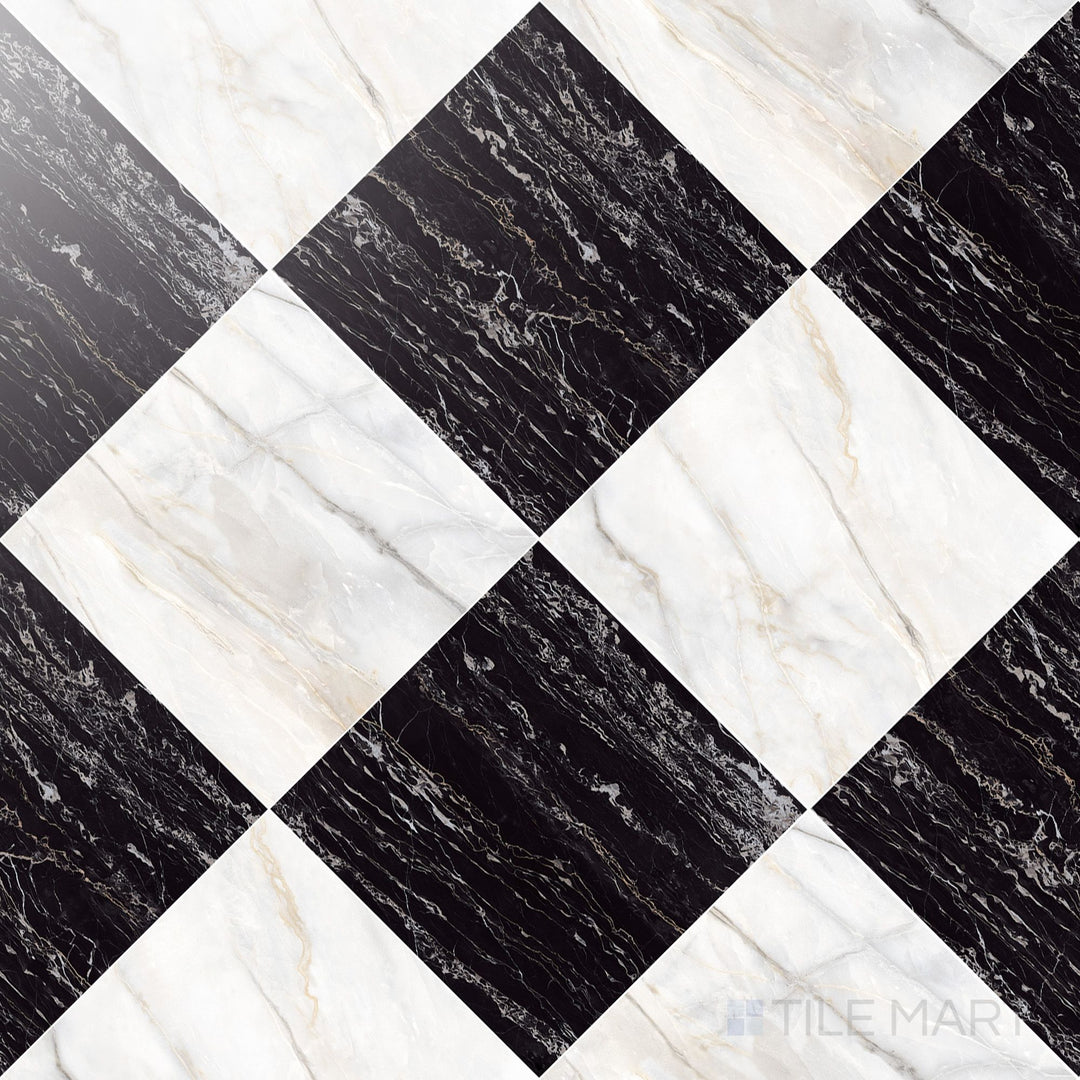 Palazzo 24x24 Checkerboard Polished Porcelain Tile in Calcatta and Nero