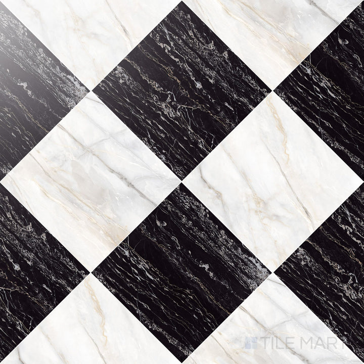 Palazzo 24x24 Checkerboard Polished Porcelain Tile in Calcatta and Nero
