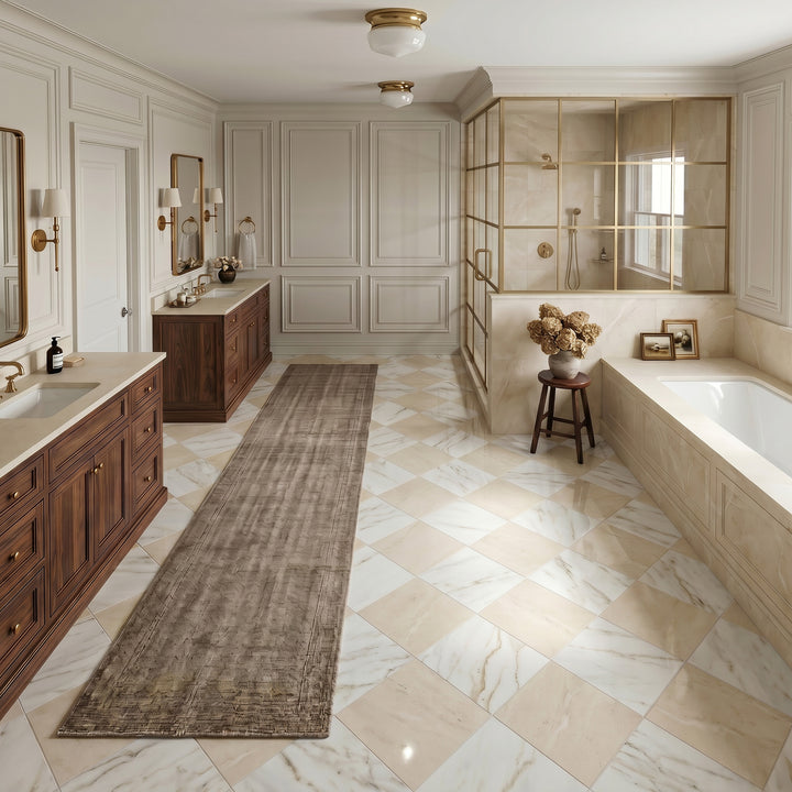 Palazzo 24x24 Checkerboard Polished Porcelain Tile in Calacatta and Crema
